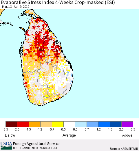 Sri Lanka Evaporative Stress Index (ESI), 4-Weeks over Croplands Thematic Map For 4/8/2019 - 4/14/2019