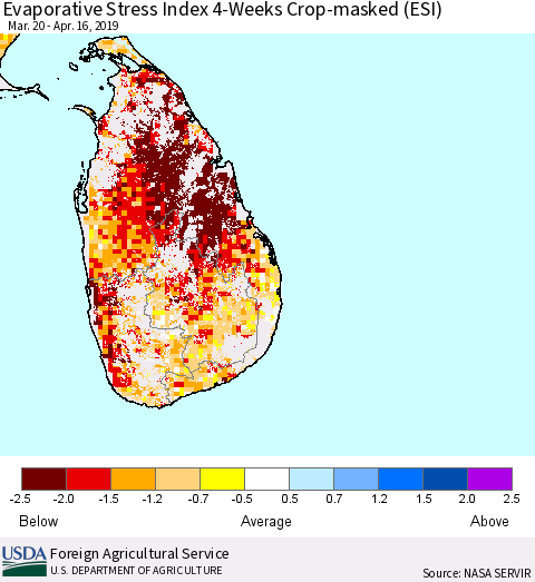 Sri Lanka Evaporative Stress Index (ESI), 4-Weeks over Croplands Thematic Map For 4/15/2019 - 4/21/2019