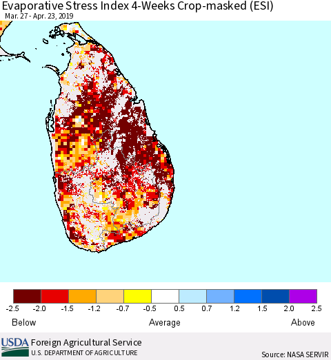 Sri Lanka Evaporative Stress Index (ESI), 4-Weeks over Croplands Thematic Map For 4/22/2019 - 4/28/2019
