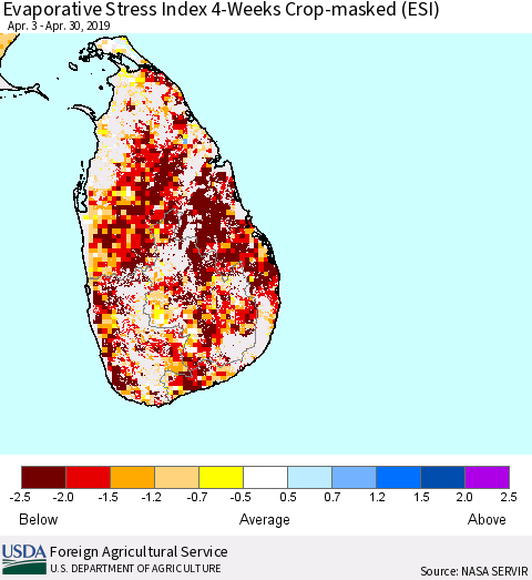 Sri Lanka Evaporative Stress Index (ESI), 4-Weeks over Croplands Thematic Map For 4/29/2019 - 5/5/2019