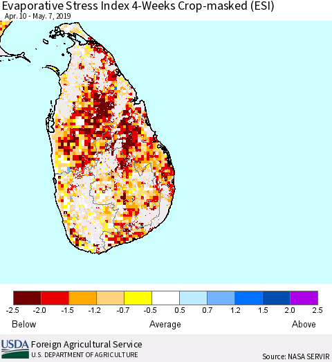 Sri Lanka Evaporative Stress Index (ESI), 4-Weeks over Croplands Thematic Map For 5/6/2019 - 5/12/2019
