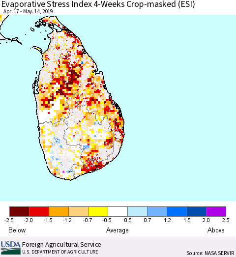 Sri Lanka Evaporative Stress Index (ESI), 4-Weeks over Croplands Thematic Map For 5/13/2019 - 5/19/2019