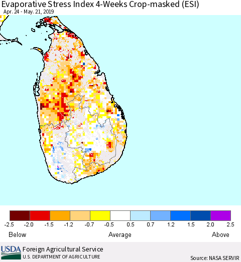 Sri Lanka Evaporative Stress Index (ESI), 4-Weeks over Croplands Thematic Map For 5/20/2019 - 5/26/2019