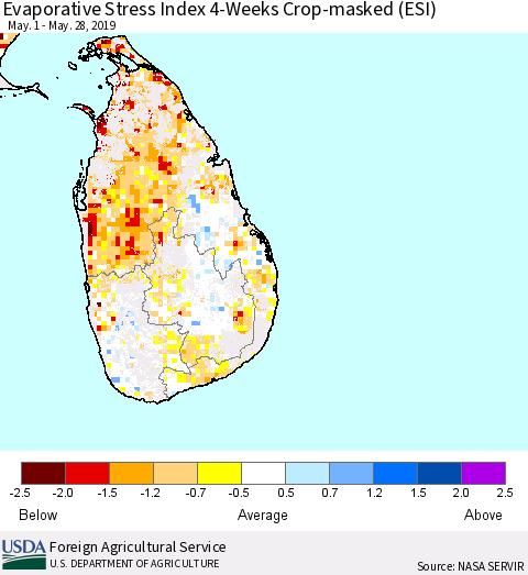 Sri Lanka Evaporative Stress Index (ESI), 4-Weeks over Croplands Thematic Map For 5/27/2019 - 6/2/2019