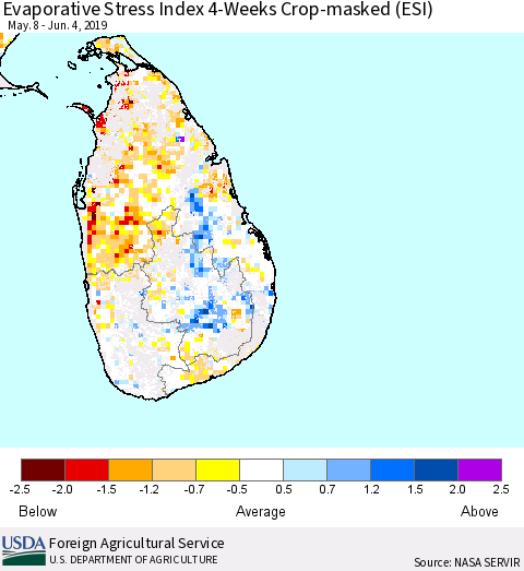 Sri Lanka Evaporative Stress Index (ESI), 4-Weeks over Croplands Thematic Map For 6/3/2019 - 6/9/2019