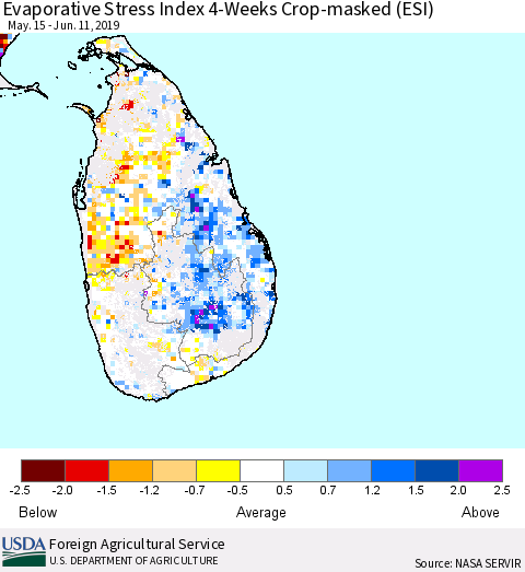 Sri Lanka Evaporative Stress Index (ESI), 4-Weeks over Croplands Thematic Map For 6/10/2019 - 6/16/2019