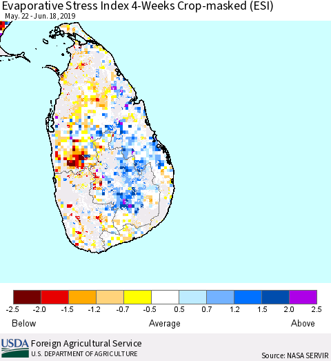 Sri Lanka Evaporative Stress Index (ESI), 4-Weeks over Croplands Thematic Map For 6/17/2019 - 6/23/2019