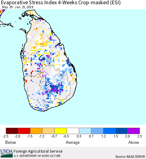 Sri Lanka Evaporative Stress Index (ESI), 4-Weeks over Croplands Thematic Map For 6/24/2019 - 6/30/2019