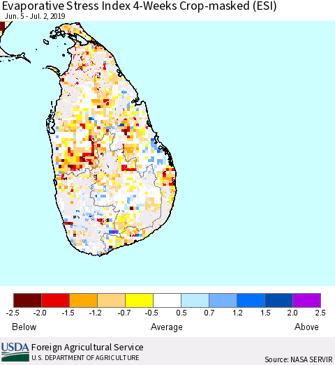 Sri Lanka Evaporative Stress Index (ESI), 4-Weeks over Croplands Thematic Map For 7/1/2019 - 7/7/2019