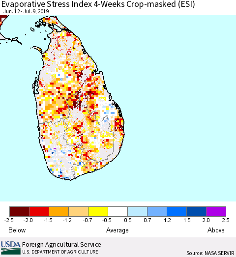 Sri Lanka Evaporative Stress Index (ESI), 4-Weeks over Croplands Thematic Map For 7/8/2019 - 7/14/2019