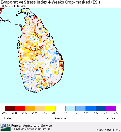 Sri Lanka Evaporative Stress Index (ESI), 4-Weeks over Croplands Thematic Map For 7/15/2019 - 7/21/2019