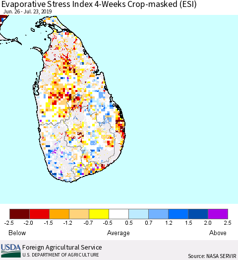 Sri Lanka Evaporative Stress Index (ESI), 4-Weeks over Croplands Thematic Map For 7/22/2019 - 7/28/2019