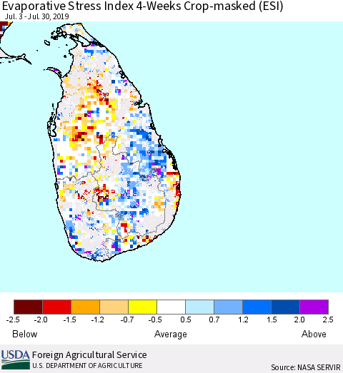 Sri Lanka Evaporative Stress Index (ESI), 4-Weeks over Croplands Thematic Map For 7/29/2019 - 8/4/2019