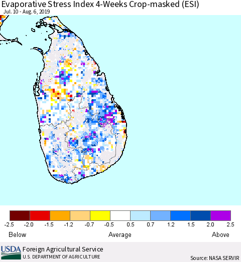 Sri Lanka Evaporative Stress Index (ESI), 4-Weeks over Croplands Thematic Map For 8/5/2019 - 8/11/2019