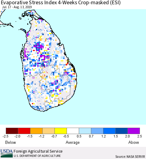 Sri Lanka Evaporative Stress Index (ESI), 4-Weeks over Croplands Thematic Map For 8/12/2019 - 8/18/2019