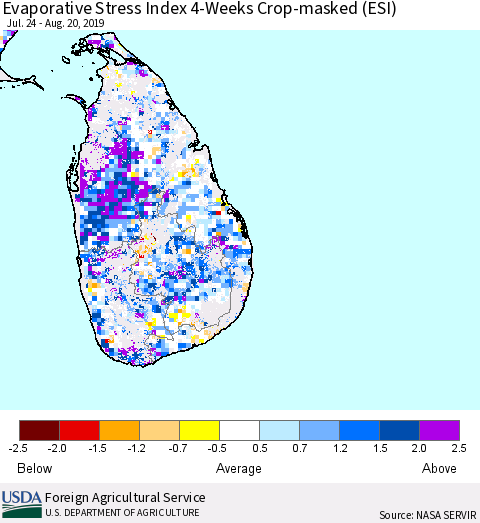 Sri Lanka Evaporative Stress Index (ESI), 4-Weeks over Croplands Thematic Map For 8/19/2019 - 8/25/2019