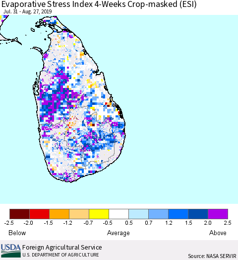 Sri Lanka Evaporative Stress Index (ESI), 4-Weeks over Croplands Thematic Map For 8/26/2019 - 9/1/2019