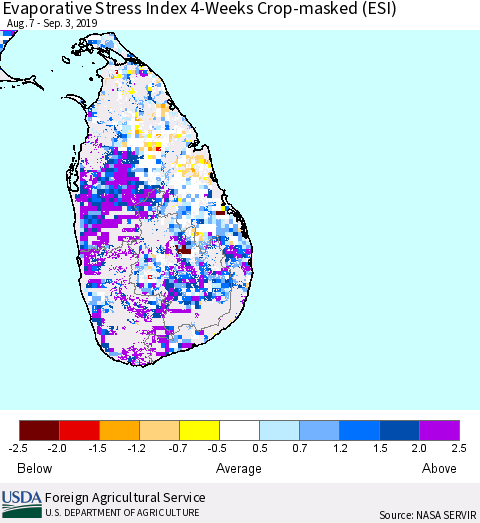 Sri Lanka Evaporative Stress Index (ESI), 4-Weeks over Croplands Thematic Map For 9/2/2019 - 9/8/2019