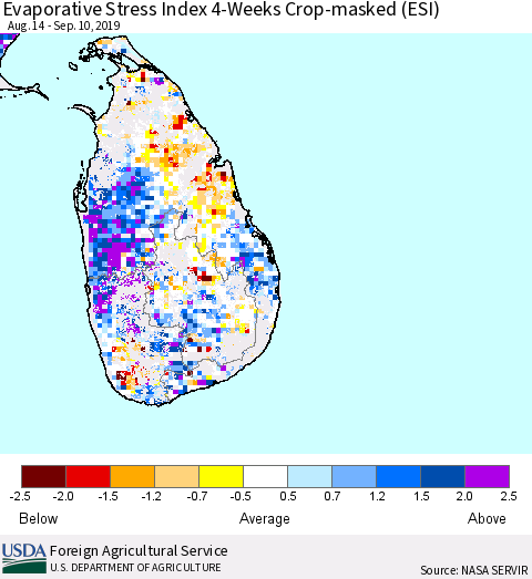 Sri Lanka Evaporative Stress Index (ESI), 4-Weeks over Croplands Thematic Map For 9/9/2019 - 9/15/2019
