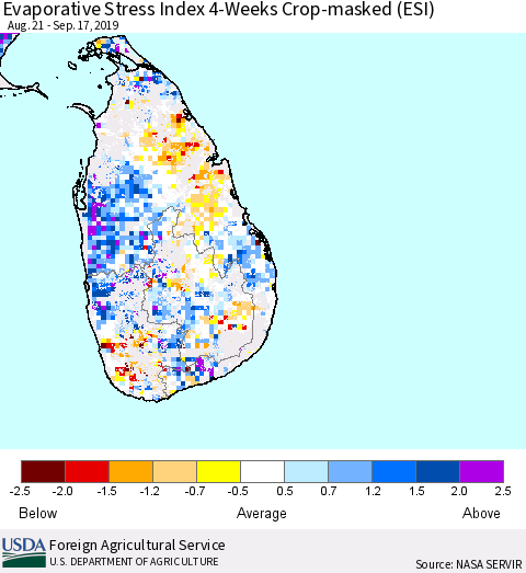 Sri Lanka Evaporative Stress Index (ESI), 4-Weeks over Croplands Thematic Map For 9/16/2019 - 9/22/2019