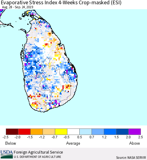 Sri Lanka Evaporative Stress Index (ESI), 4-Weeks over Croplands Thematic Map For 9/23/2019 - 9/29/2019