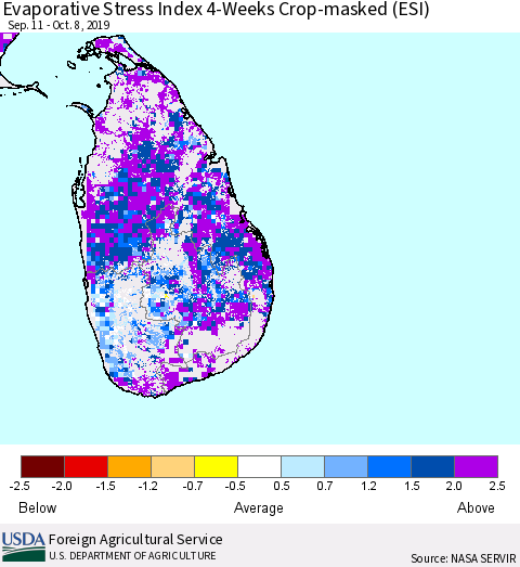 Sri Lanka Evaporative Stress Index (ESI), 4-Weeks over Croplands Thematic Map For 10/7/2019 - 10/13/2019