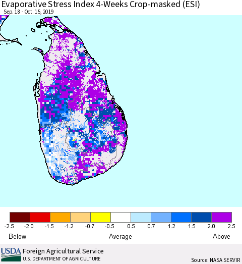 Sri Lanka Evaporative Stress Index (ESI), 4-Weeks over Croplands Thematic Map For 10/14/2019 - 10/20/2019