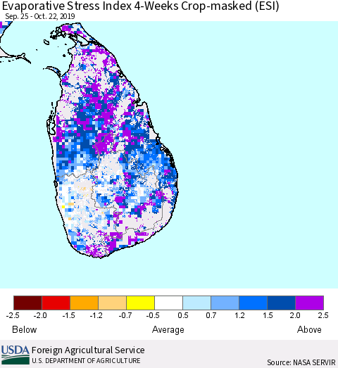 Sri Lanka Evaporative Stress Index (ESI), 4-Weeks over Croplands Thematic Map For 10/21/2019 - 10/27/2019