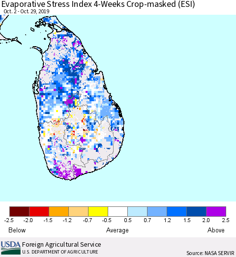 Sri Lanka Evaporative Stress Index (ESI), 4-Weeks over Croplands Thematic Map For 10/28/2019 - 11/3/2019