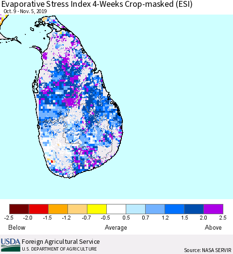 Sri Lanka Evaporative Stress Index (ESI), 4-Weeks over Croplands Thematic Map For 11/4/2019 - 11/10/2019