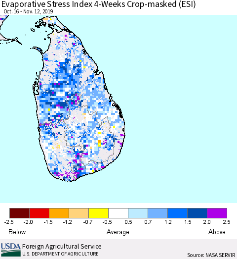 Sri Lanka Evaporative Stress Index (ESI), 4-Weeks over Croplands Thematic Map For 11/11/2019 - 11/17/2019