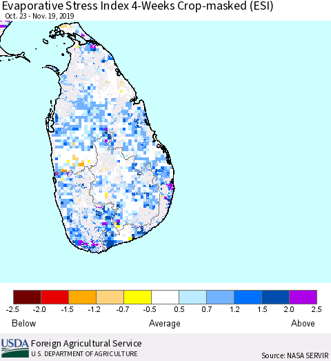 Sri Lanka Evaporative Stress Index (ESI), 4-Weeks over Croplands Thematic Map For 11/18/2019 - 11/24/2019