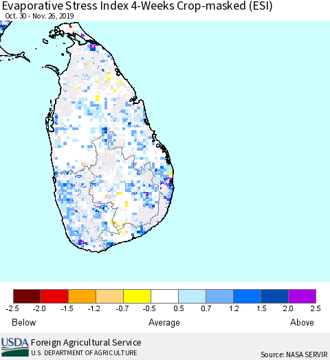 Sri Lanka Evaporative Stress Index (ESI), 4-Weeks over Croplands Thematic Map For 11/25/2019 - 12/1/2019