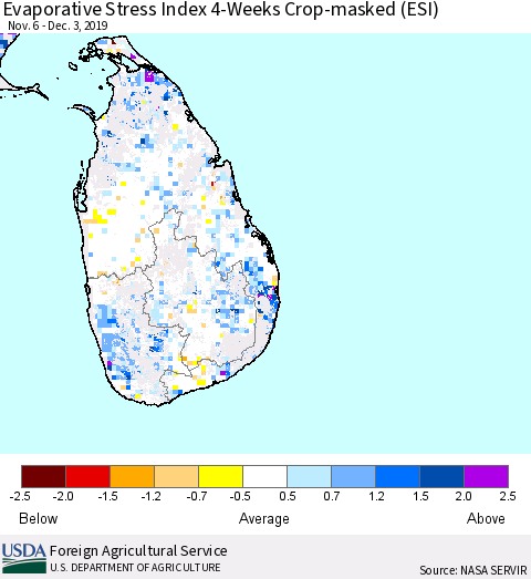 Sri Lanka Evaporative Stress Index (ESI), 4-Weeks over Croplands Thematic Map For 12/2/2019 - 12/8/2019