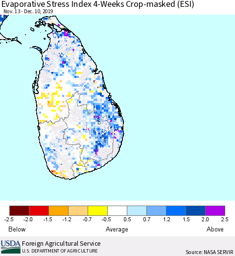 Sri Lanka Evaporative Stress Index (ESI), 4-Weeks over Croplands Thematic Map For 12/9/2019 - 12/15/2019