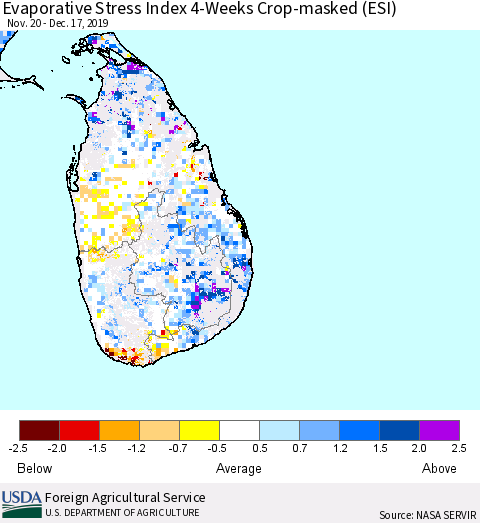 Sri Lanka Evaporative Stress Index (ESI), 4-Weeks over Croplands Thematic Map For 12/16/2019 - 12/22/2019