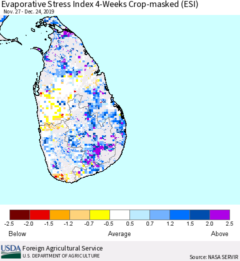 Sri Lanka Evaporative Stress Index (ESI), 4-Weeks over Croplands Thematic Map For 12/23/2019 - 12/29/2019