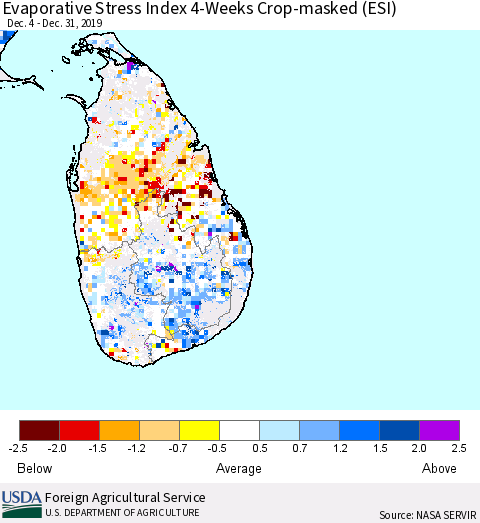 Sri Lanka Evaporative Stress Index (ESI), 4-Weeks over Croplands Thematic Map For 12/30/2019 - 1/5/2020