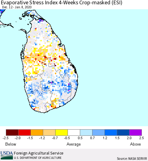 Sri Lanka Evaporative Stress Index (ESI), 4-Weeks over Croplands Thematic Map For 1/6/2020 - 1/12/2020