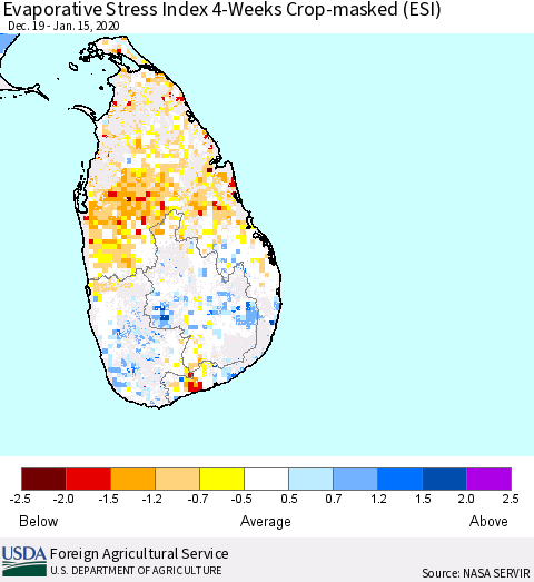 Sri Lanka Evaporative Stress Index (ESI), 4-Weeks over Croplands Thematic Map For 1/13/2020 - 1/19/2020