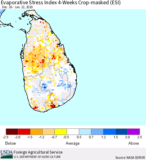 Sri Lanka Evaporative Stress Index (ESI), 4-Weeks over Croplands Thematic Map For 1/20/2020 - 1/26/2020