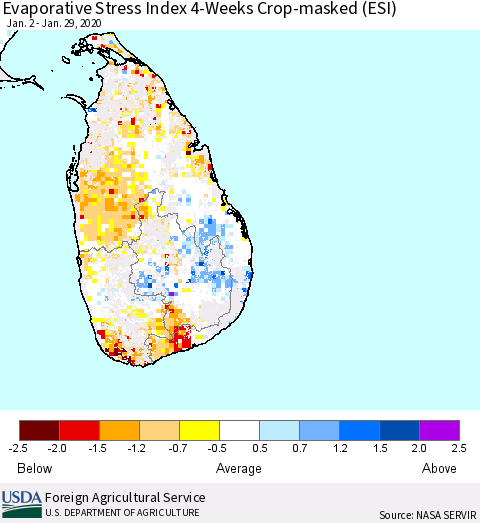 Sri Lanka Evaporative Stress Index (ESI), 4-Weeks over Croplands Thematic Map For 1/27/2020 - 2/2/2020