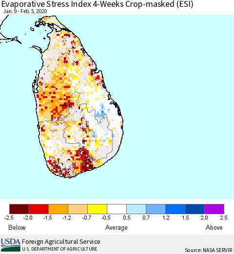 Sri Lanka Evaporative Stress Index (ESI), 4-Weeks over Croplands Thematic Map For 2/3/2020 - 2/9/2020