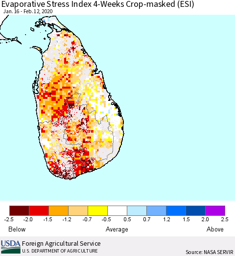 Sri Lanka Evaporative Stress Index (ESI), 4-Weeks over Croplands Thematic Map For 2/10/2020 - 2/16/2020