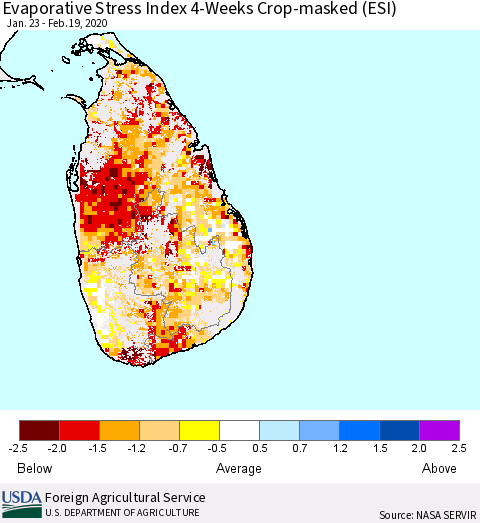 Sri Lanka Evaporative Stress Index (ESI), 4-Weeks over Croplands Thematic Map For 2/17/2020 - 2/23/2020