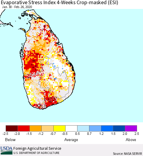 Sri Lanka Evaporative Stress Index (ESI), 4-Weeks over Croplands Thematic Map For 2/24/2020 - 3/1/2020