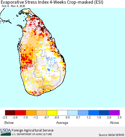 Sri Lanka Evaporative Stress Index (ESI), 4-Weeks over Croplands Thematic Map For 3/2/2020 - 3/8/2020