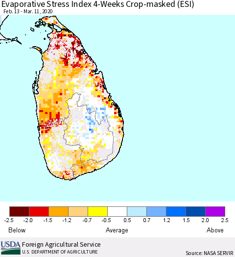 Sri Lanka Evaporative Stress Index (ESI), 4-Weeks over Croplands Thematic Map For 3/9/2020 - 3/15/2020