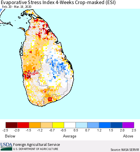 Sri Lanka Evaporative Stress Index (ESI), 4-Weeks over Croplands Thematic Map For 3/16/2020 - 3/22/2020