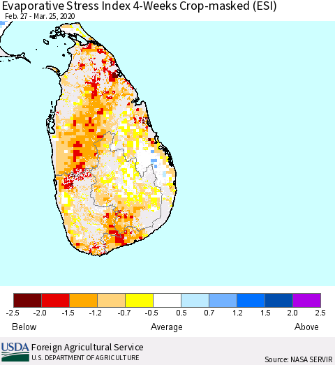 Sri Lanka Evaporative Stress Index (ESI), 4-Weeks over Croplands Thematic Map For 3/23/2020 - 3/29/2020